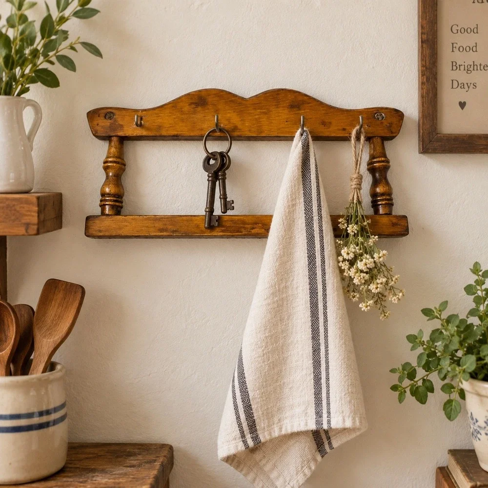 Vintage Wooden Kitchen Wall Rack 4 Hooks Towel Bar Turned Spindles 13